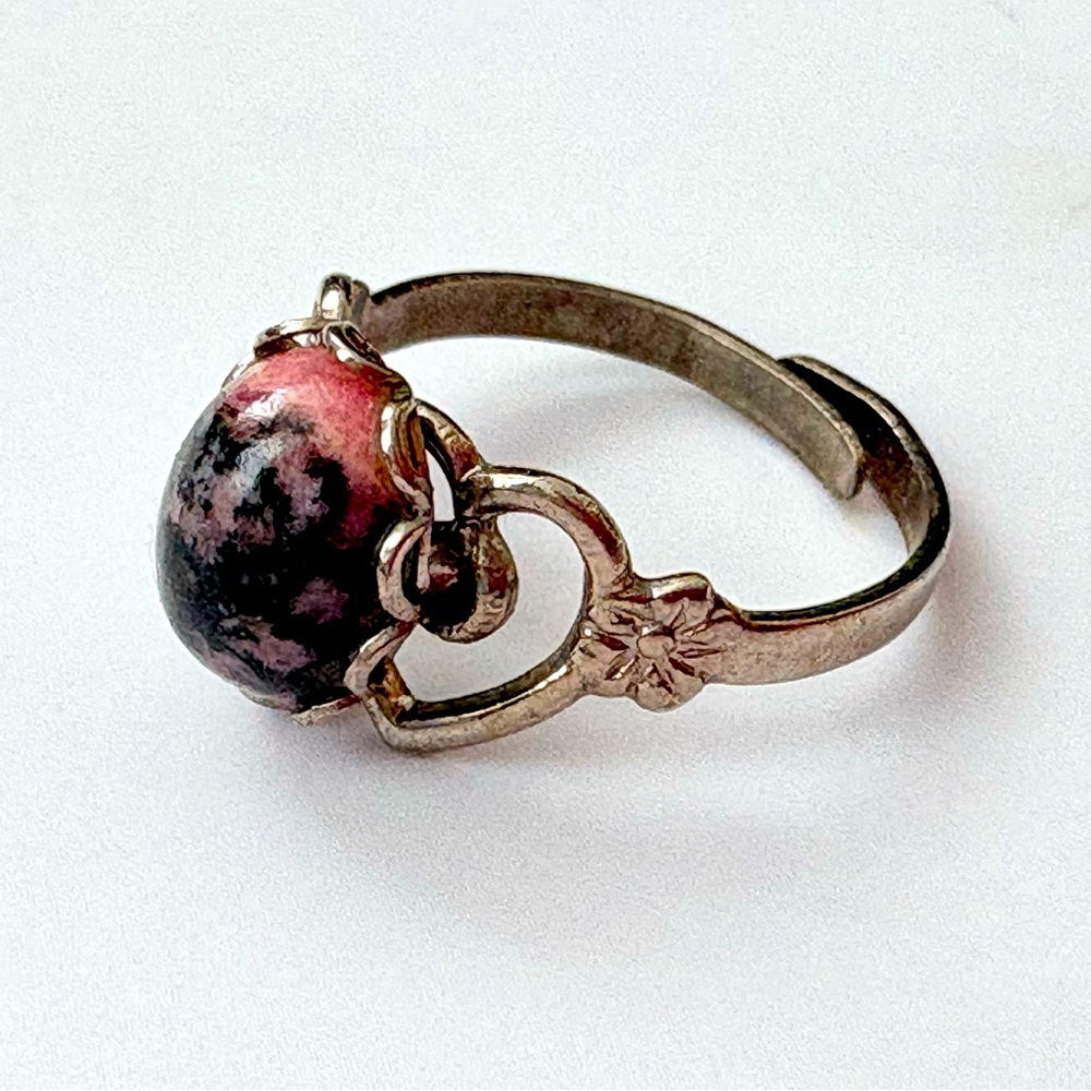Vintage Silver Tone Marble Heart Gemstone Ring Adjustable Size 6-8